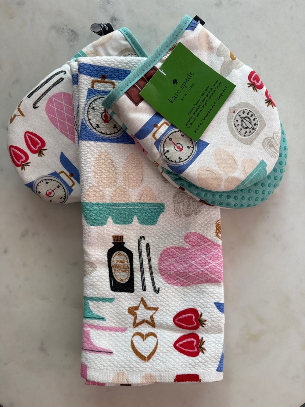 kate spade Oven Mitts & Towel Set - Pastel Multi Prints with Mint Trim